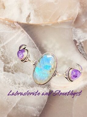 Labradorite and Amethyst Sterling Bracelet - Iridescent Blue & Purple